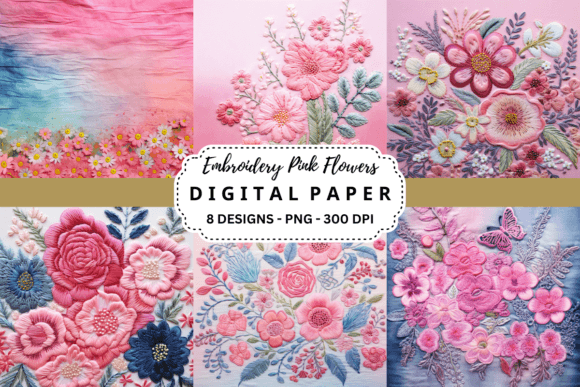 Embroidery Pink Flowers Digital Paper